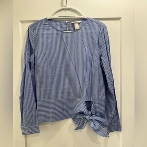 Blue and White Striped Blouse with Tie Detail. Straight. Long sleeves. US 8. New